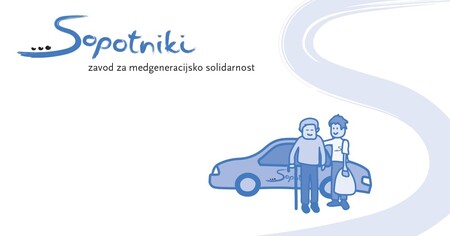 Zavod sopotniki logotip, avto in prostovoljec ter starostnik